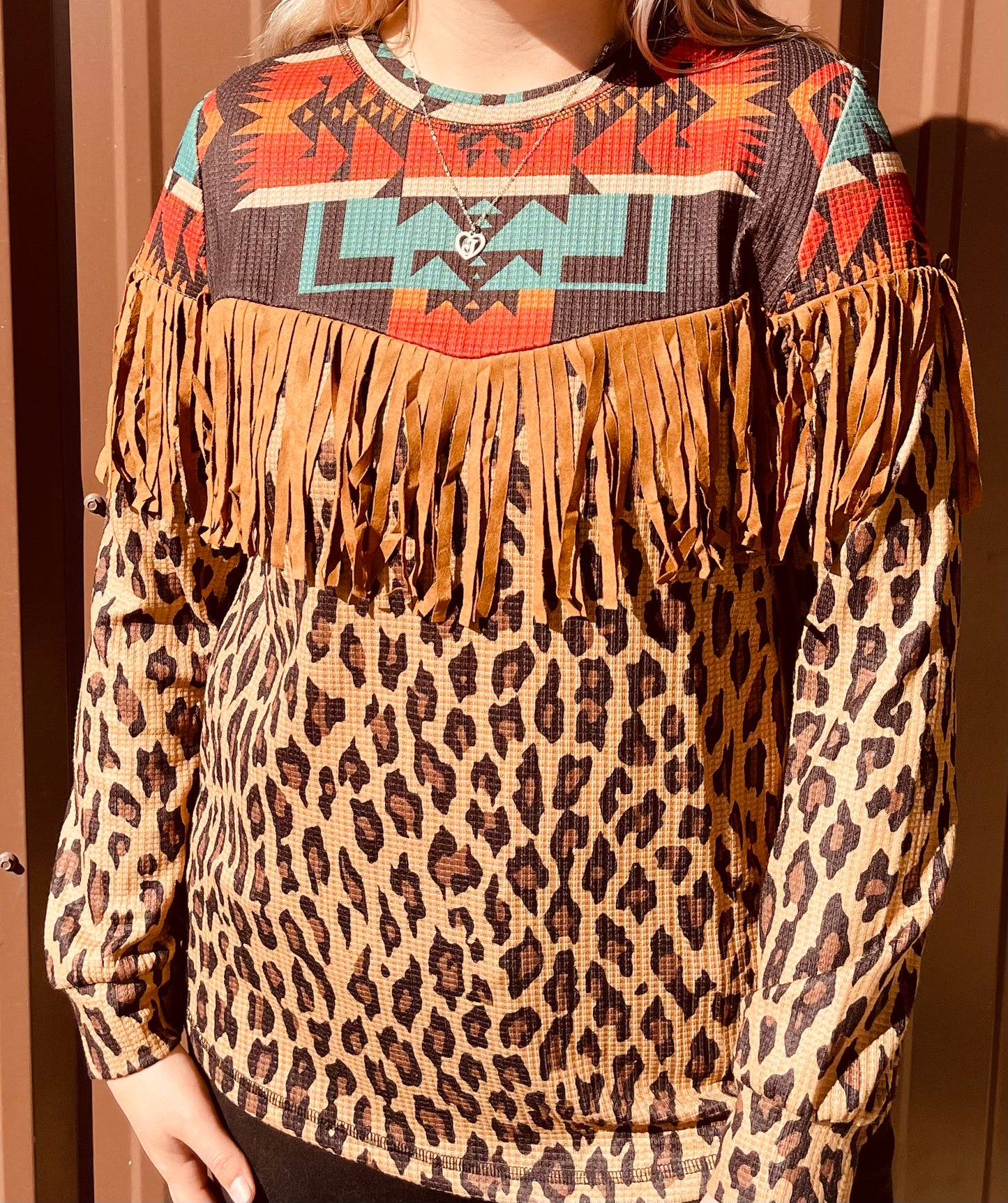 Aztec Cheetah Fringe Long Sleeve Blouse
